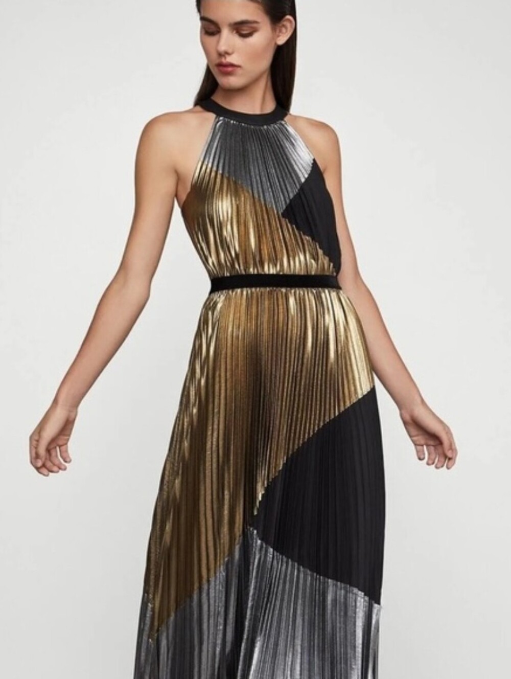 BCBGMaxAzria Metallic Gold Pleated Top with Black Trim